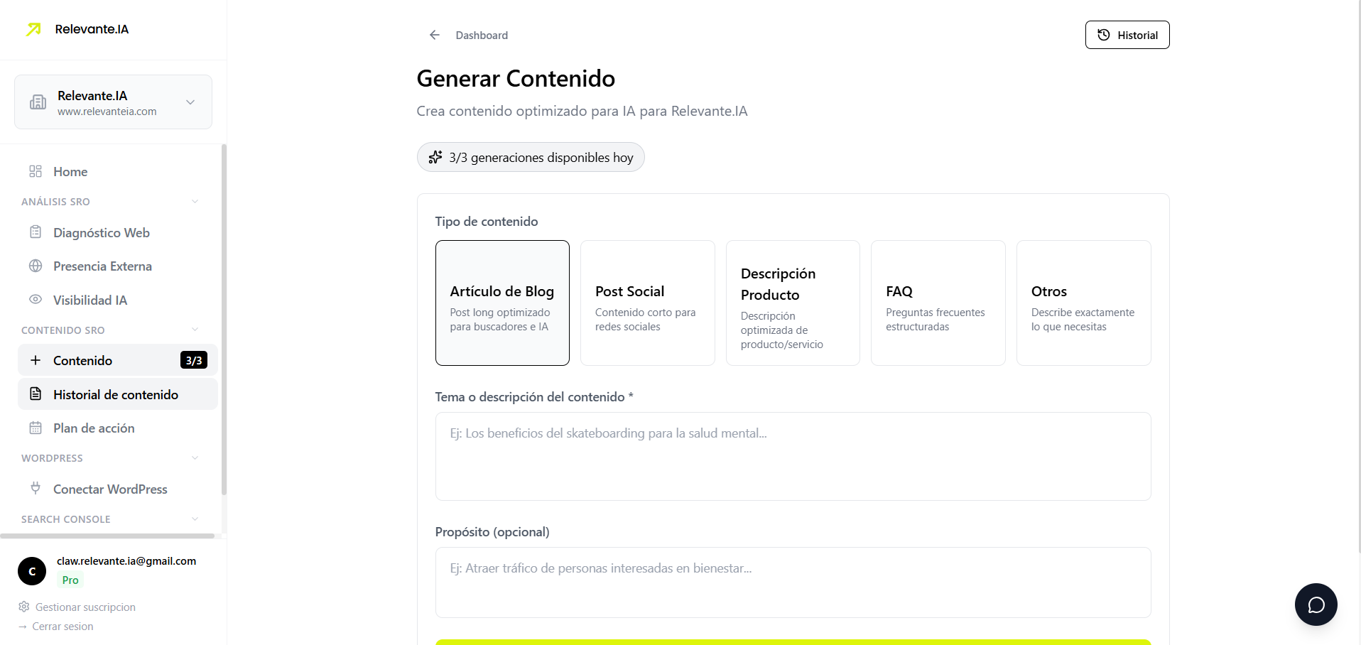 Generar Contenido — Creación de artículos, posts y FAQs optimizados para IA