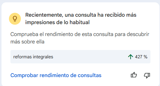 Google Search Console: recomendación con +427% de impresiones para la consulta «reformas integrales»